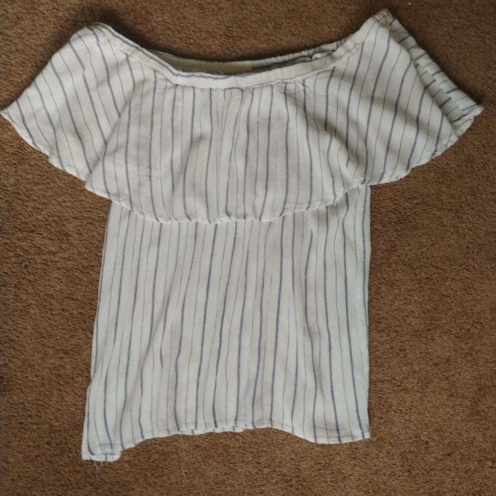 white and blue striped off the shoulder blouse